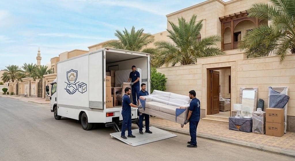 فريق عمل محترف يقوم بتغليف ونقل الأثاث بعناية فائقة ضمن خدمات نقل عفش بالكويت لضمان حماية الممتلكات ووصولها بأمان تام وبدون أي خدوش.
