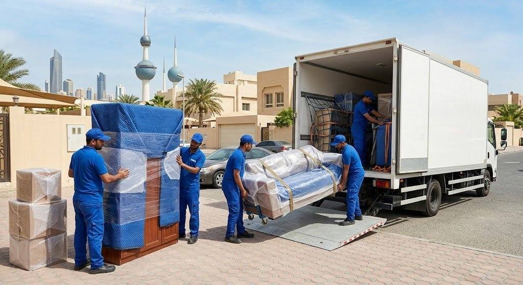 فريق عمل محترف يقوم بتغليف وتحميل الأثاث بعناية فائقة ضمن خدمات نقل عفش في الكويت لضمان حماية الممتلكات ووصولها بأمان تام.