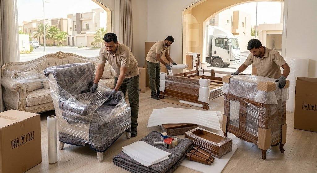 فريق عمل محترف يقوم بتغليف ونقل الأثاث بعناية فائقة ضمن خدمات نقل عفش هدية بالكويت لضمان حماية الممتلكات ووصولها بأمان تام وبدون أي خدوش.