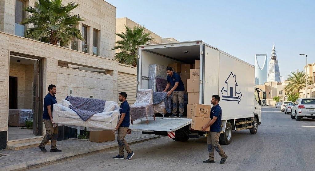 فريق عمل محترف يقوم بتغليف ونقل الأثاث بعناية فائقة ضمن خدمات نقل عفش الجابرية بالكويت لضمان حماية الممتلكات ووصولها بأمان تام وبدون أي خدوش.